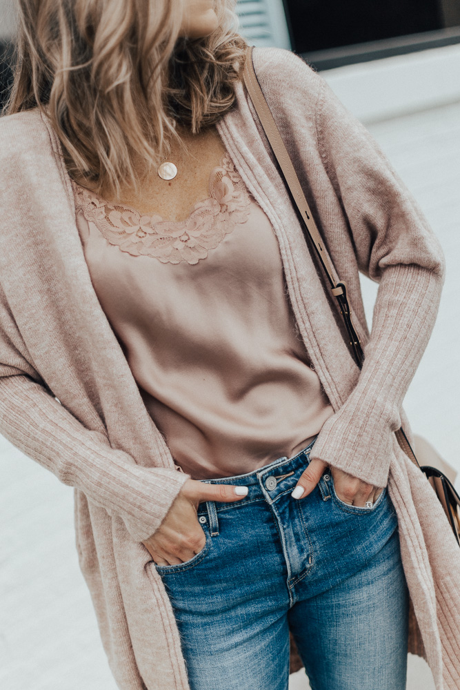 cozy cardigan distressed denim